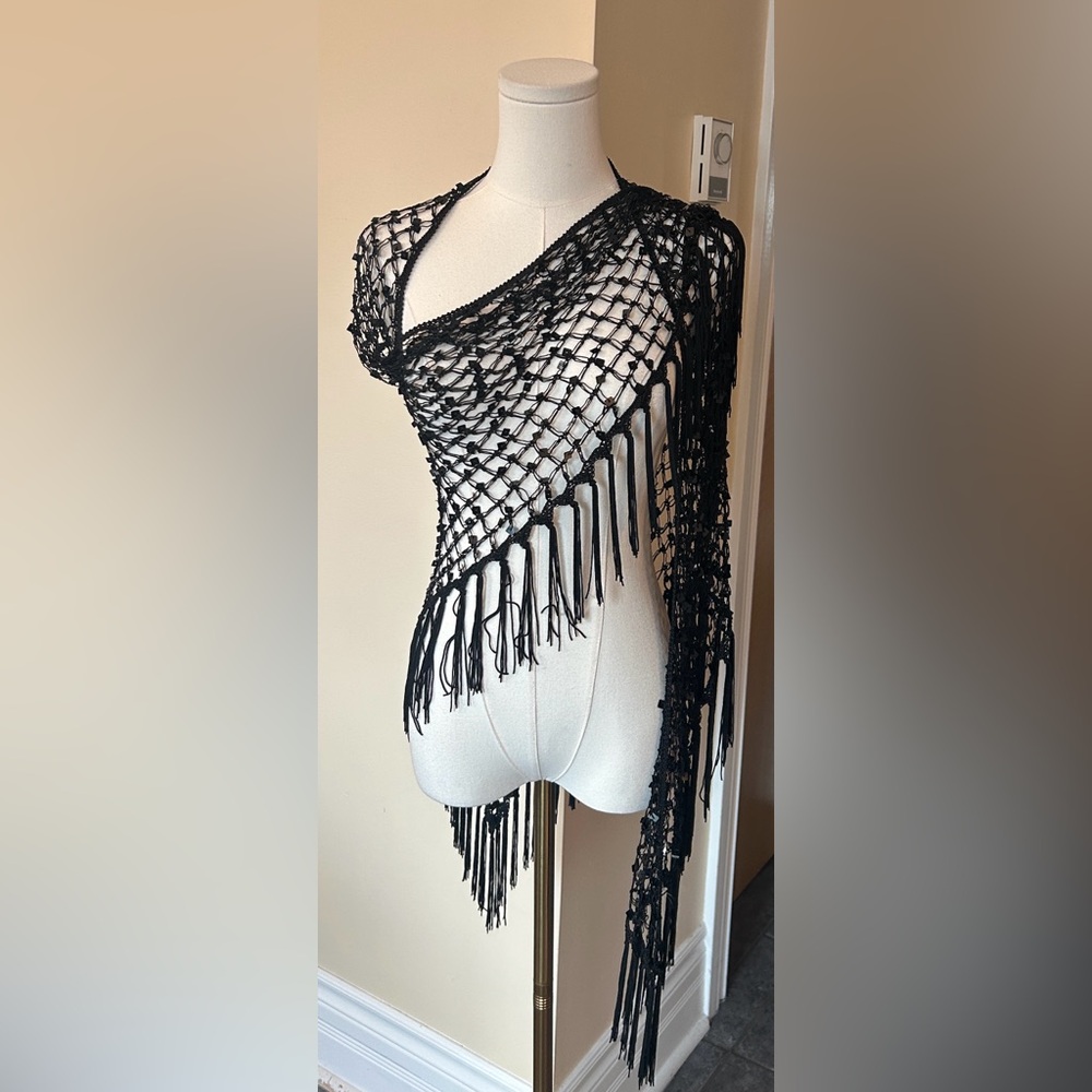 Black Fringe Crochet Shawl Wrap one size - Picture 2 of 5